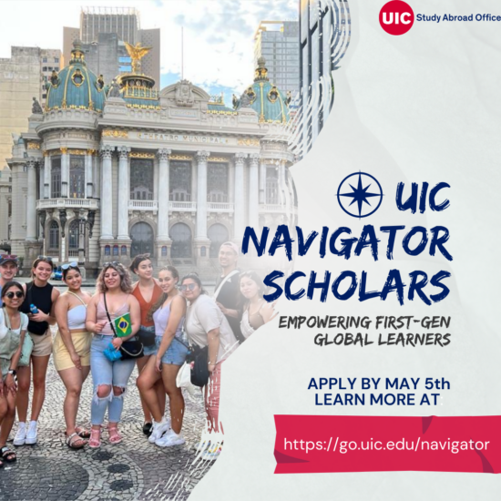 Banner logo for the UIC Navigator Scholars program featuring a photo of students at the opera house in Rio de Janeiro.