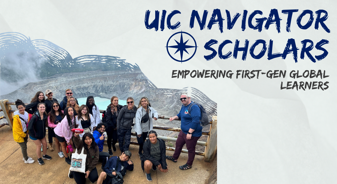Decorative banner promoting the UIC Navigator Scholars program. A group of students stands in front of a volcano crater in Costa Rica.