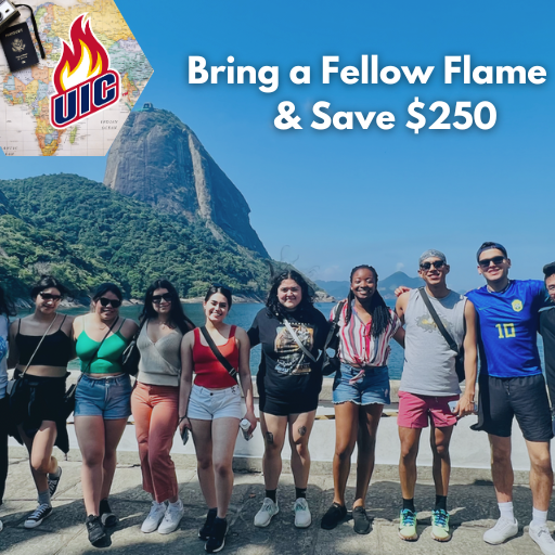 Group of students on a beach in Rio de Janeiro. The text 