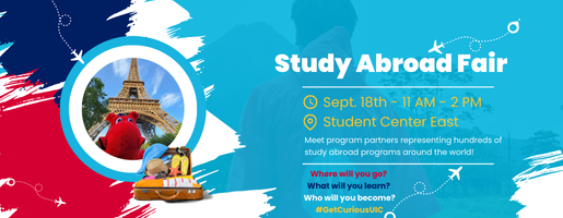 Banner image showing a picture of Sparky at the Eiffel Tower. The text reads: Study Abroad Fair, September 18th, 11 AM to 2 PM, Student Center East.