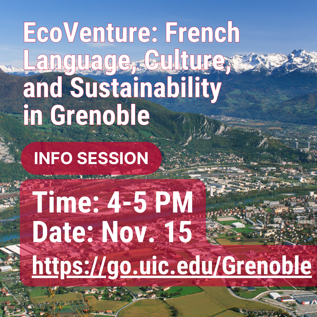 Graphic featuring information about the info. session against a backdrop of the French Alps.