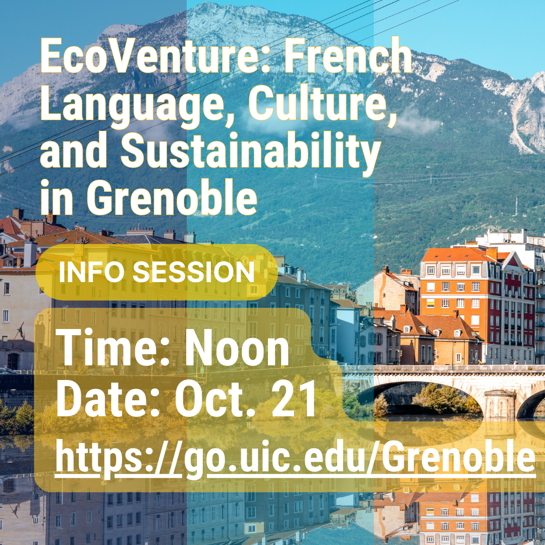 Graphic with details about the information session against a backdrop of the French Alps.