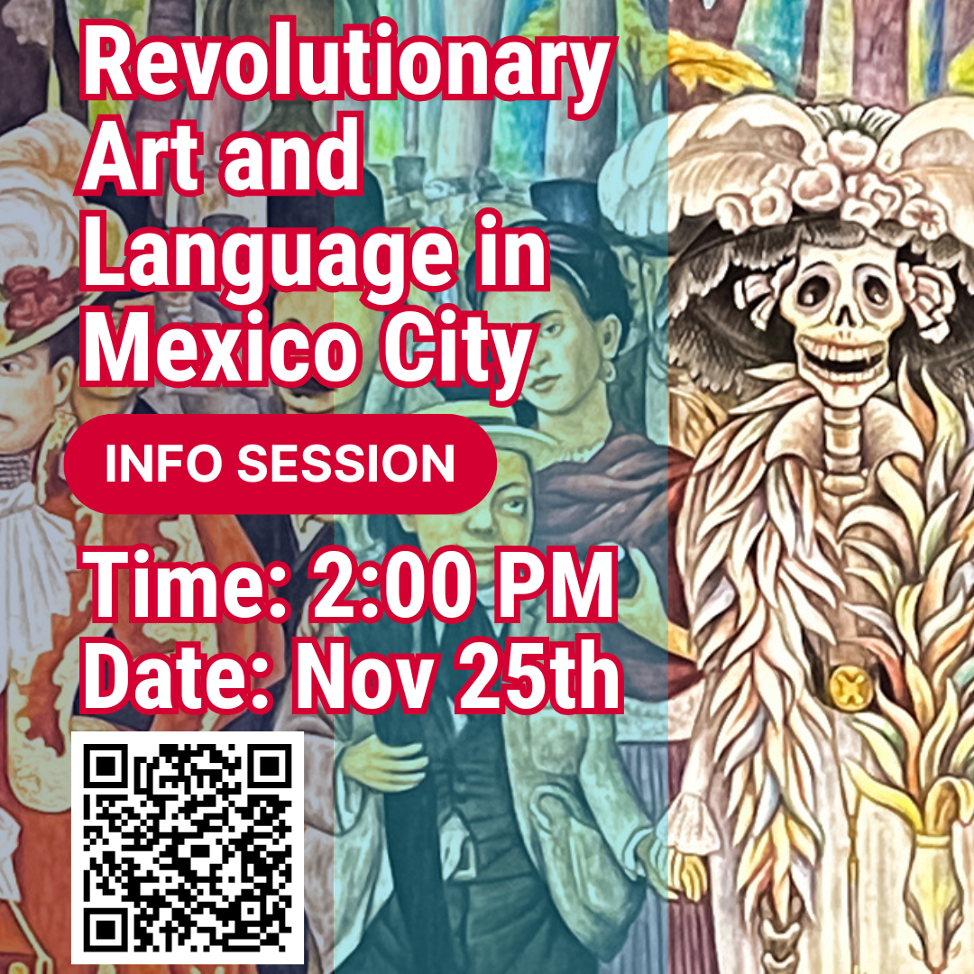 Graphic featuring information about the info. session against a backdrop of Mexican Mural