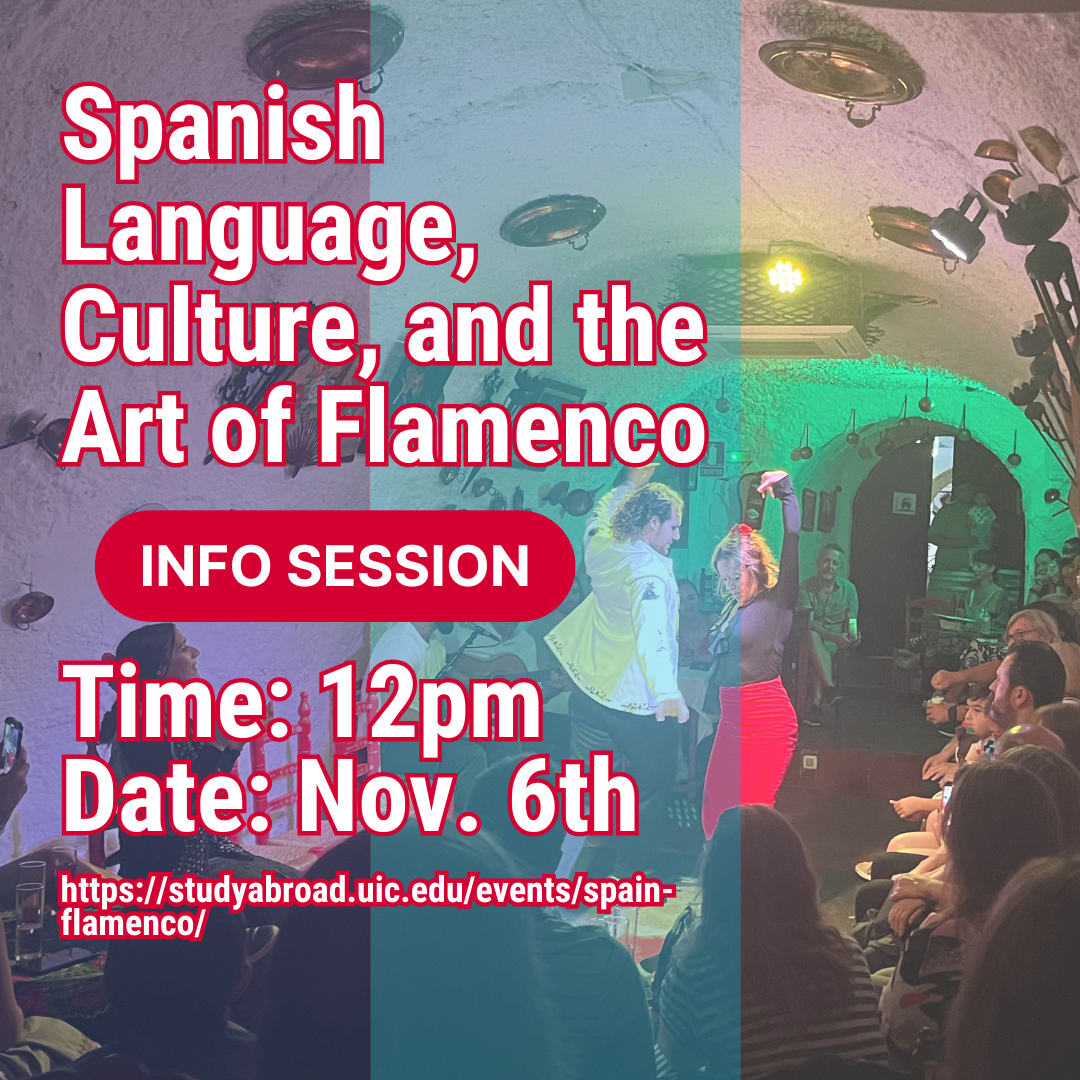 Graphic featuring information about the info. session against a backdrop of students in Spain