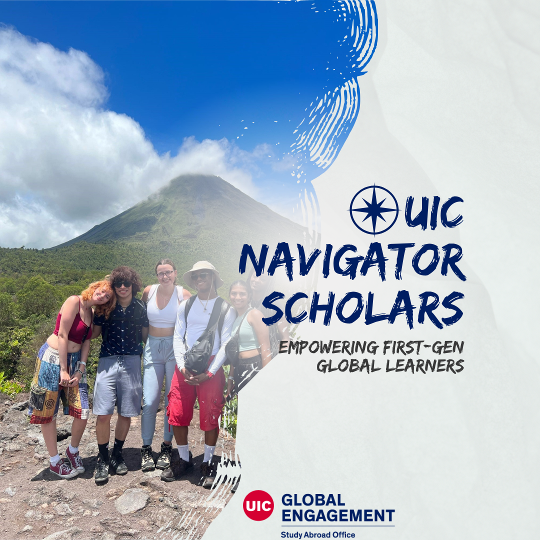 Promotional flyer for the Navigator Scholars program showing a group of students at the foot of a volcano in Costa Rica. The words 