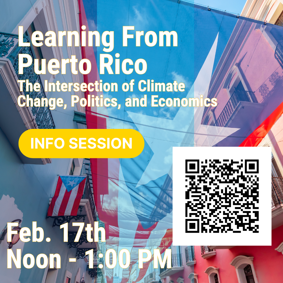 The background is a photo of the Puerto Rican flag hanging between buildings. Text promoting the info. session details is overlayed.